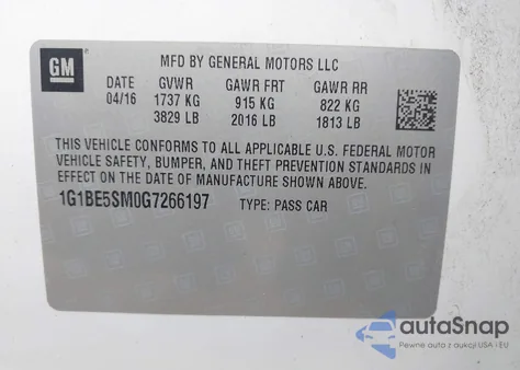 2016 Chevrolet Cruze Lt Auto from USA, damaged, VIN 1G1BE5SM0G7266197